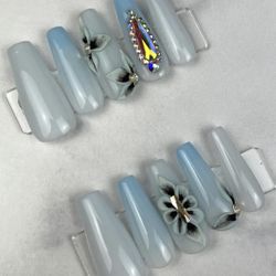 long coffin blue press on nails rhinestones ombré black acrylic flowers handmade