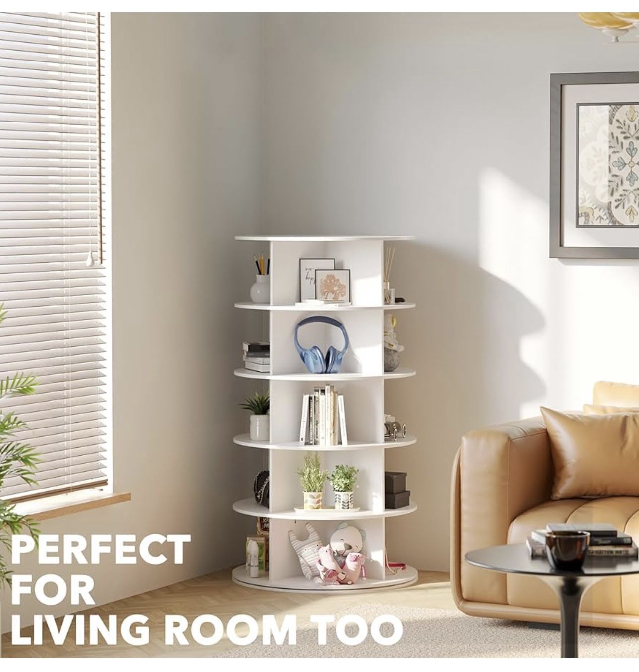 5 Tier Rotating Shoe Rack Tower, Spinning Shoe Display Lazy Susan, Revolving 360 Bookshelf Storage Round Carousel Vertical Handbag Rotate Shoes Close