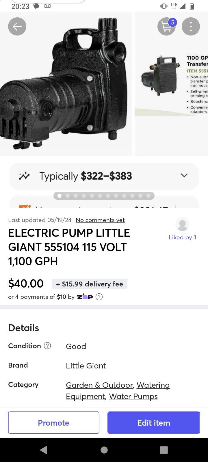WATER PUMP ELECTRIC  LITTLE GIANT 115 VOLT 1,100 GPH MODEL-(555104)