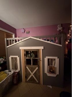 Twin Loft House Bed with Barn Door & Windows – Custom Gray Playhouse Bed