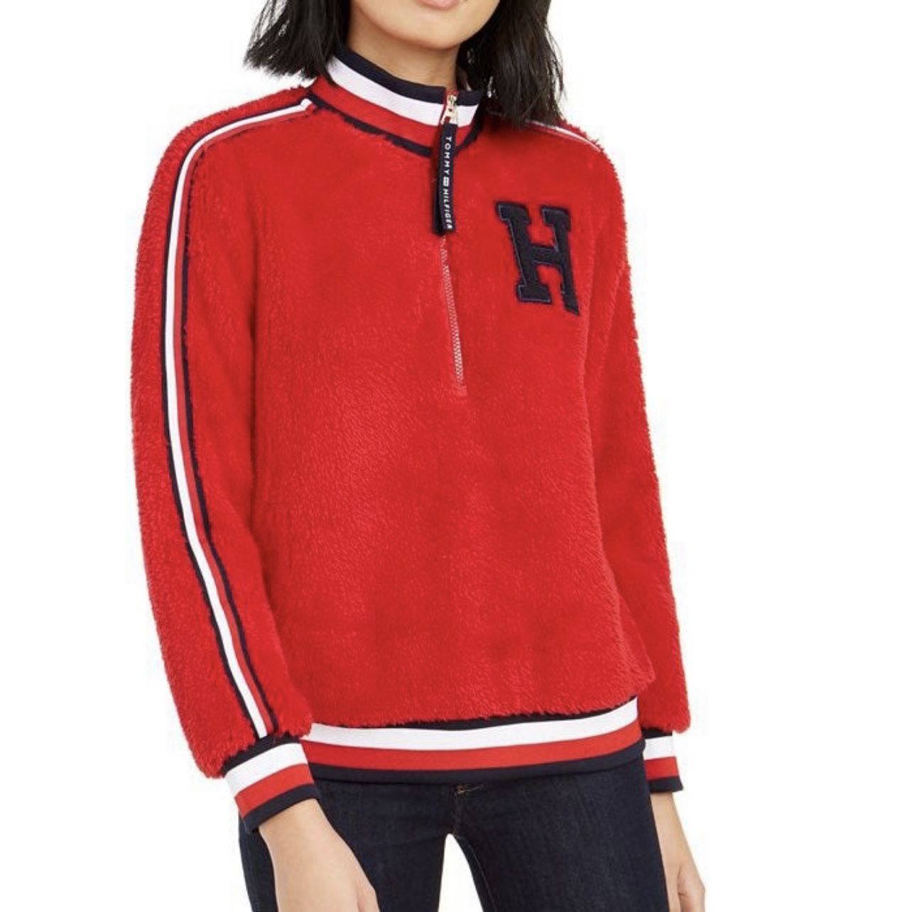 TOMMY HILFIGER Red Striped Trim Moch Neck Sherpa Sweatshirt Pullover NEW