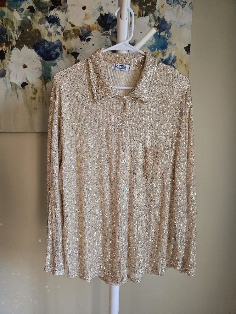 ✨ Porter Collective Gold Sequin Button Down Blouse – Medium| NWOT