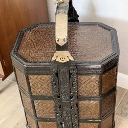 Vtg / Antiq Chinese 3 Tier Wedding Basket Wood Rattan Brass Dragon End Table