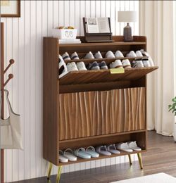 ​💥 BRAND NEW IN BOX! Ultra-Slim Wave-Pattern Shoe Cabinet with Gold Legs – ONLY $70! 😱🎉