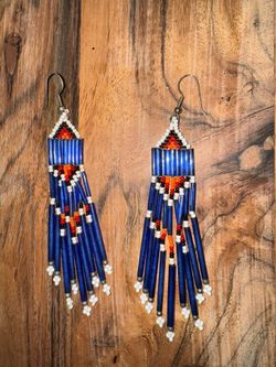Blue White Orange Red Beaded Earrings