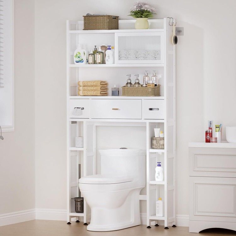 Over The Toilet Storage Cabinet with Acrylic Sliding Door Panel,Bamboo Organizer Shelf with 2 Toilet Paper Drawers and 1 Big Drawer,Toilet Rack for Ba