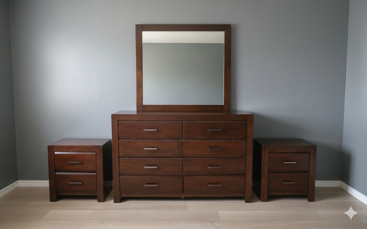 Bedroom Dresser W/Mirror & 2 Nightstands