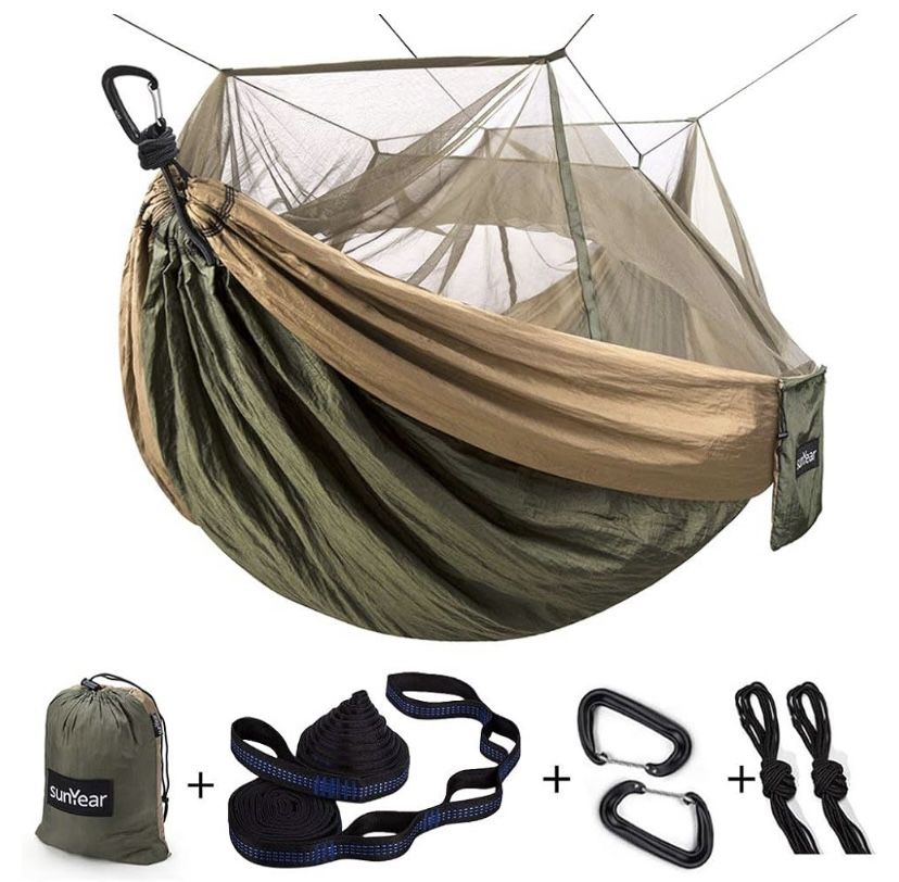 Sunyear Hammock Camping w/ Net & 2 Tree Straps 55"W*106"L, Army Green/Khahi