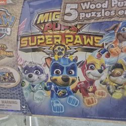 Paw Patrol Wooden Puzzle 5 Pack - Mighty Pups Wood Puzzles Bundle with Holding Tray Plus Stickers and More | Paw Patrol Jigsaw Puzzles for Kids, Girls