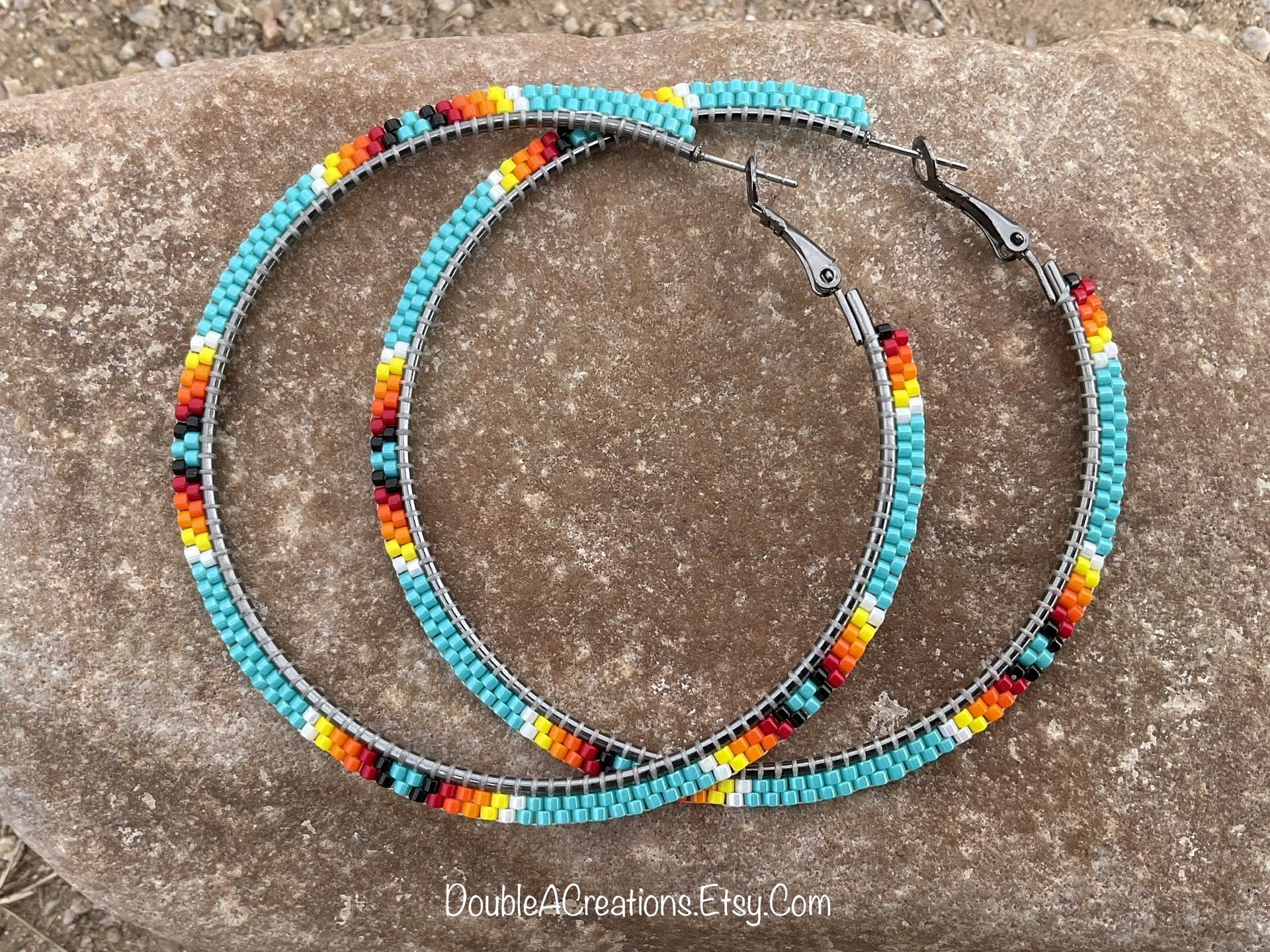 Turquoise With Native Colors 2.5” Beaded Hoops, New, Handmade By Me