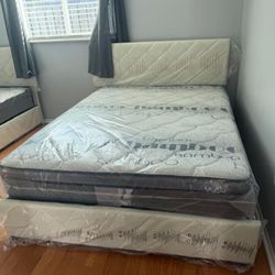 New Queen Size Bed Frame With MATTRESS Diamond Headboard And Box SPRING Set 3 PCS 