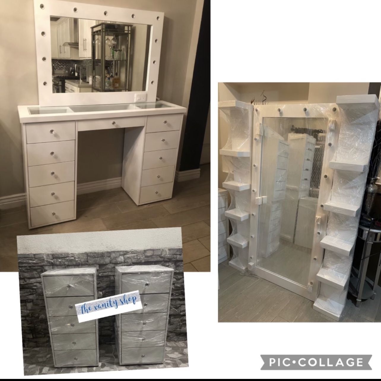 Vanity Set With Full Body Mirror,2 Shelfs And 2 Nightstands