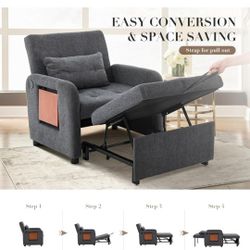 Convertible Sleeper Chair-Fabric Futon Sofa Bed, Single Sleeper Sofa, Small Couch Bed with USB Port, Foldable Table, Pillow, Adjustable Backrest for D
