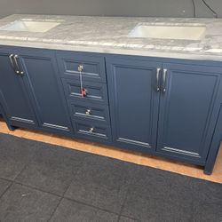 Home Decorators Collection Sandon  72 in.  Bathroom Vanity in Midnight Blue with  White Marble Top 