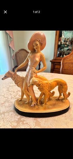 Art Deco Statue Of  Lady Walking  Borzoi Dogs Collectible Sculpture Figurine