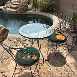 Wrought Iron Cafe Table & 2 Matching Chairs 