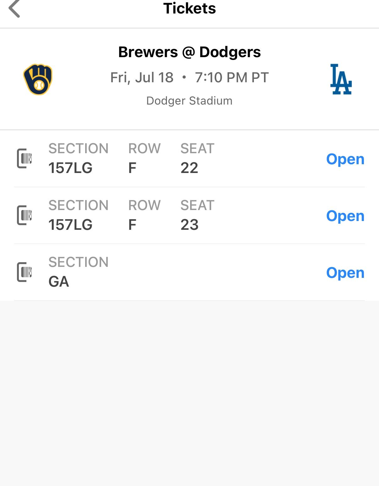 Brewers @ Dodger July 18 w/ Parking