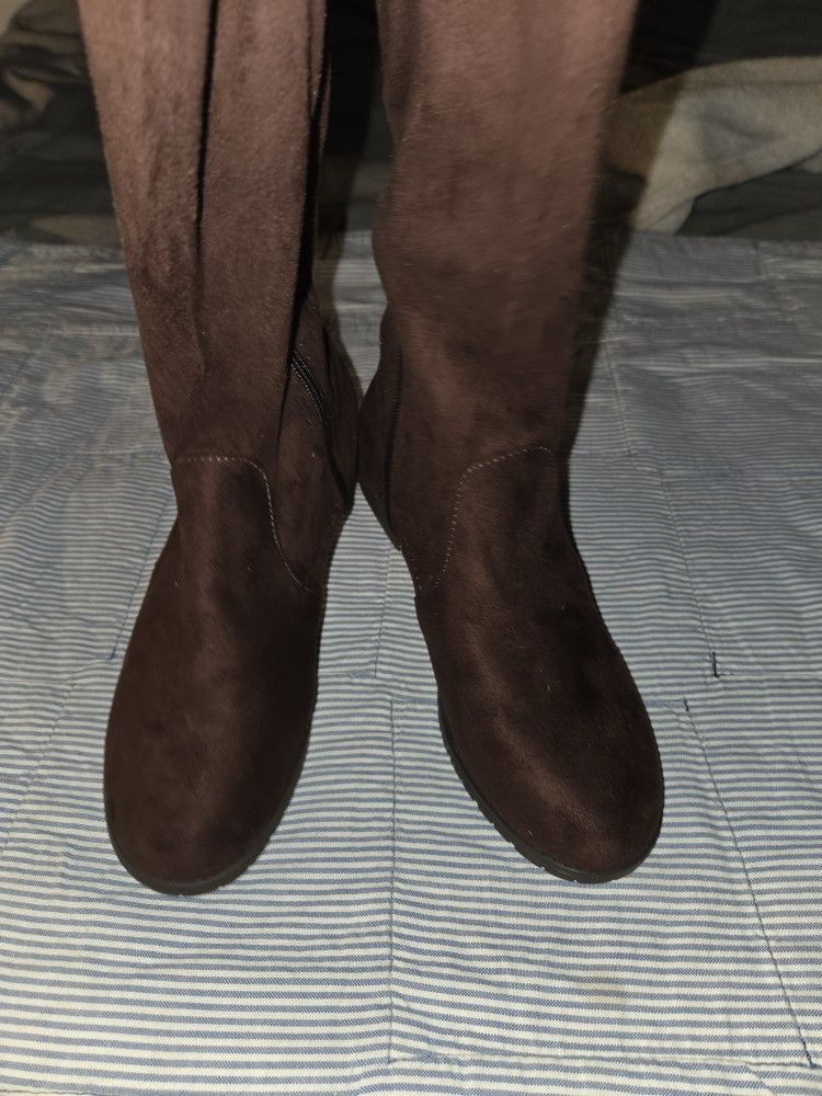 Women's Brown Faux Suede Over-the-Knee High Heel Boots - US Size 7