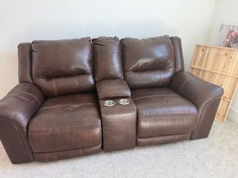 Ashley Brown Leather Reclining Living Room Set + Tables & Entertainment Center
