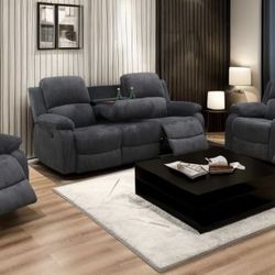 Charcoal Black Gray Microfiber Fully Reclining Three Piece Couch Set 