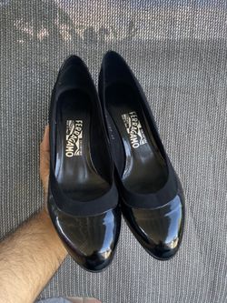 Salvatore Ferragamo Black Patent Leather Almond Toe Semi Wedge Ballet Flat Pump