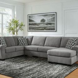 3 piece Gray Sectional Sofa Right Facing Chaise 138x90 Top Stitching Accent Pillows  pick up / delivery available