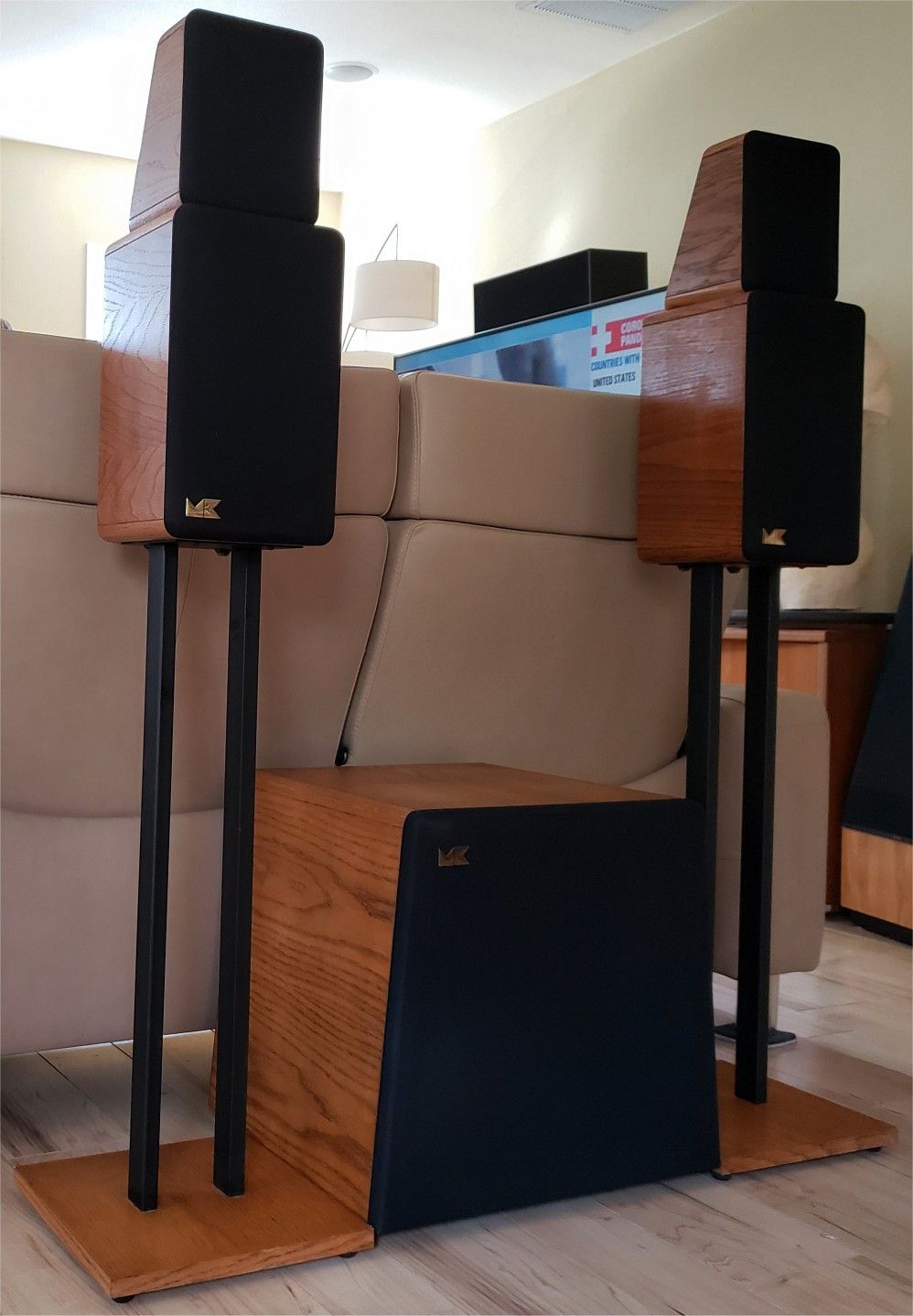 Miller & Kreisel Satellite 1 & Volkswoofer Set in Oak with Original Stands MK M&K Sound