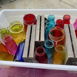 Colorful Glass Lanterns, Wine & Milk Bottles 