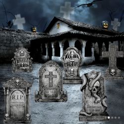 6 Pack Halloween Yard Decorations - Plastic Tombstones with Stakes, Outdoor Graveyard Props, Outdoor