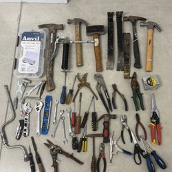 Large Mixed Hand Tools Lot – Hammers, Pry Bars, Pliers, Wrenches