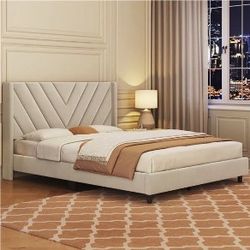Upholstered Platform Bed, Bed Frame with Wooden Slat Support / Tufted Headboard with Wing Side / Mattress Foundation / Wooden Slat Support / No Box Sp