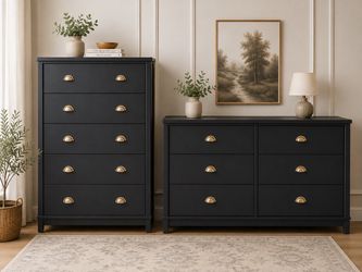 🖤 Beautiful Refinished Black Dresser Set with Gold Hardware ✨