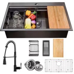 All-in-One Matte Black Finished Stainless Steel 33 in. x 22 in. Single Bowl Drop-in Kitchen Sink with Spring Neck Faucet