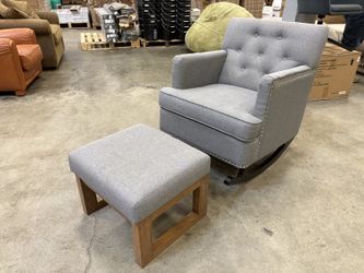 Grey Button Tufted Track Arm Rocking Chair with Nailhead Trim and Ottoman
