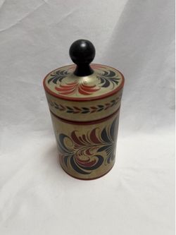 Vintage Khokhloma Style Hand Painted Wooden Canister Folk Art Lacquerware 7.25”