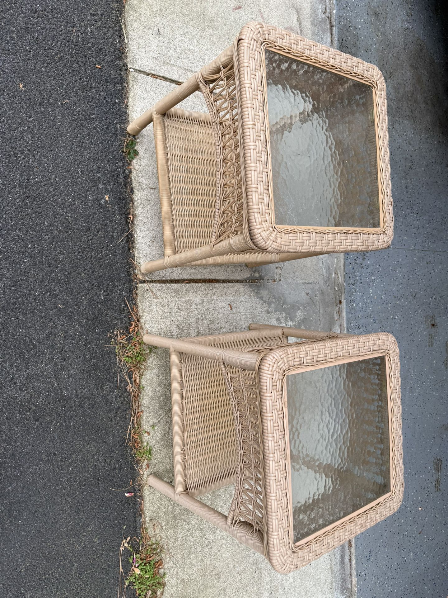 For Sale: Two beautiful vinyl wicker side tables with glass tops. Each measures 17” x 17” x 22”. These are heavy-duty, high-quality pieces in excellen