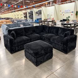 Black Corduroy Sectional Sofa with Ottoman