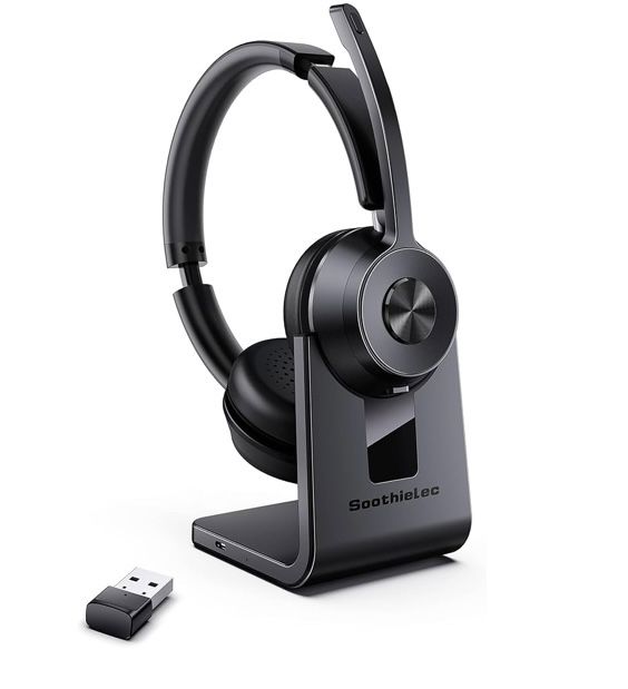 Bluetooth Headset V5.1, Wireless Headset with Noise Canceling Microphone, 40 Hrs Work Time Office Headset with Bluetooth Dongle & Charging Base, AptX 