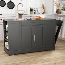 53" Kitchen Island with Storage, Kitchen Cart W/Tilt Out Trash Can Holder & Solid Wood Top, Breakfast Bar W/3-Layer Side Shelf, Large Storage Cabinet 
