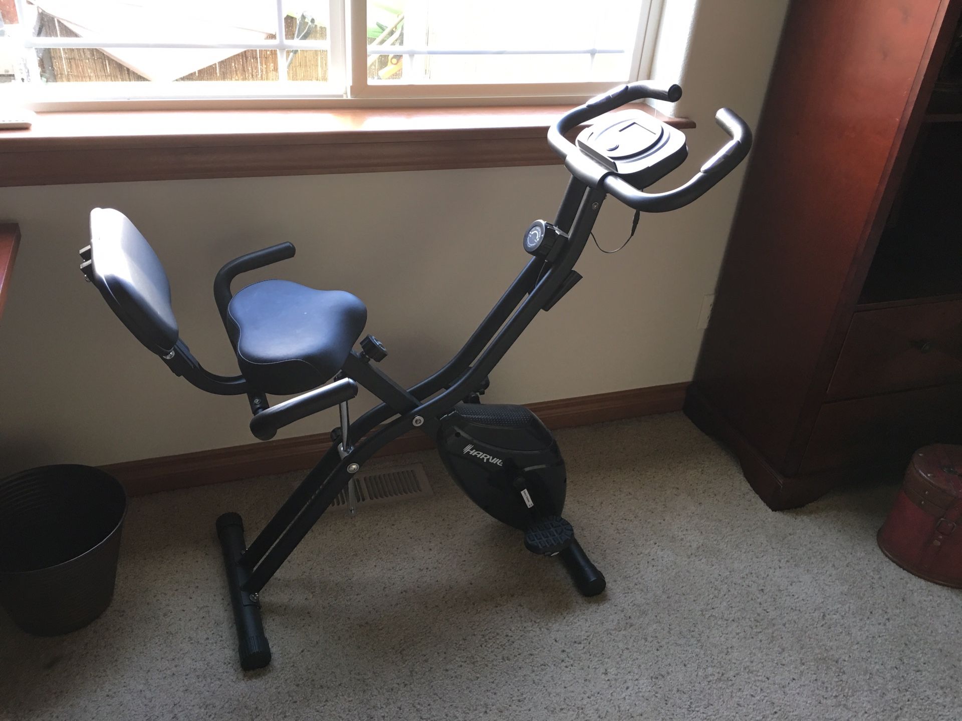 Harvil exercise bike with push button touch readings for speed, time, distance and calories burned. Excellent condition as hardly used. Just collect