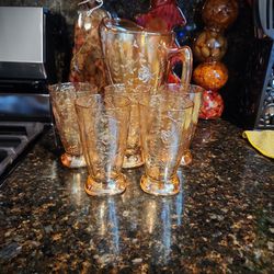  1950 Vintage Depression Jeannette  Glass Pitcher And 5 Cups