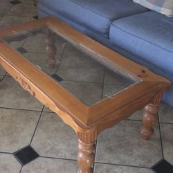 Solid Wood Coffee Table With Glass Insert With Beveled Edges