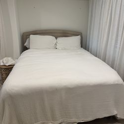 Queen bed set including frame, mattress, sheets