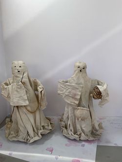 Vintage Folk Art Halloween Ghost Figurines Pair Rustic Fabric Decor set of 2