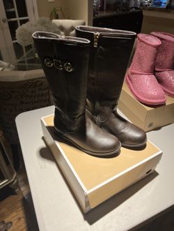 Michael Kors Girls Bexley Boots Zipper Buckle Size 1 Chocolate Brown Gold Thigh