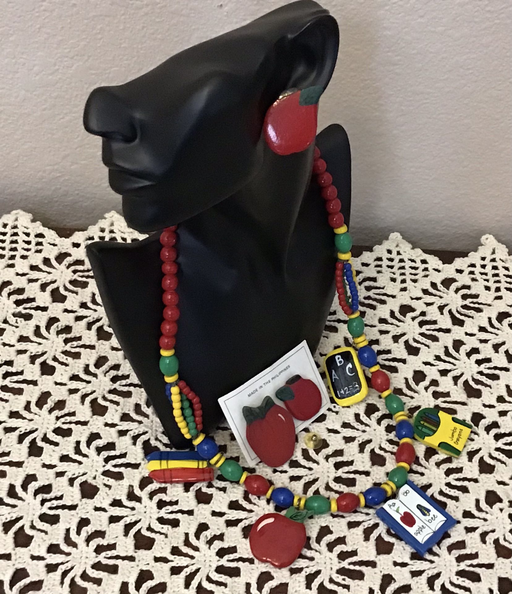 Vintage 80s Wooden Teacher necklace, brooch and earrings.  Graduation 🎓 Gift. Made in Philippines. Like New