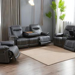 Black Faux Leather  Reclining Sofa Set With Cup Holder 