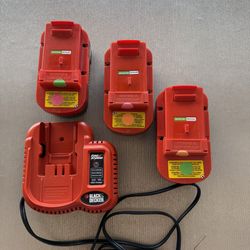 Black & Decker Firestorm Nickel Cadmium (Nice) Power Tool Battery Charger and Three 18v Slide Pack Batteries