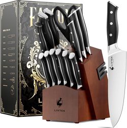 Livtek - Kitchen Knife Set with Block - German High Carbon Stainless Steel Kitchen Knife Set with Built-in Sharpener, Full Tang, Ergonomic Triple Rive