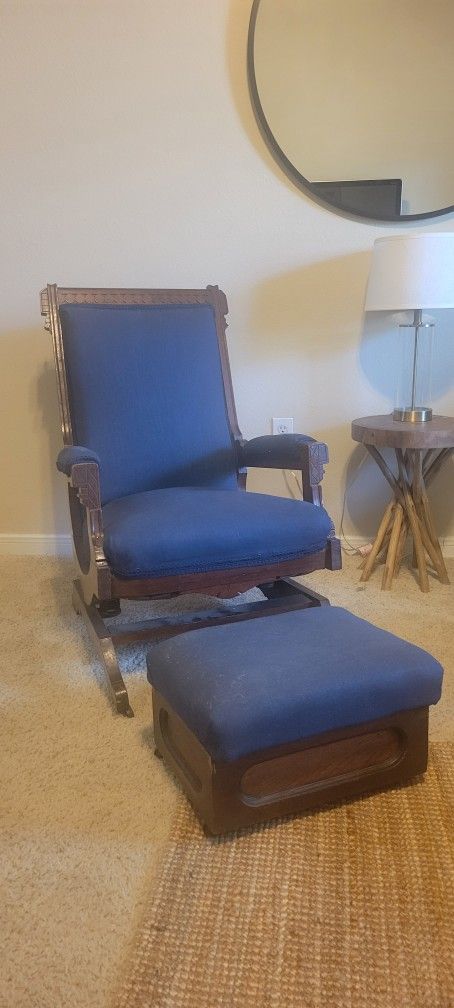 Antique Rocking Chair and Footstool with new Upholstery